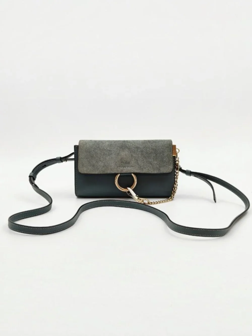 Chloé Faye Small Crossbody Bag Dark Green Suede Leather Gold Chain Authentic